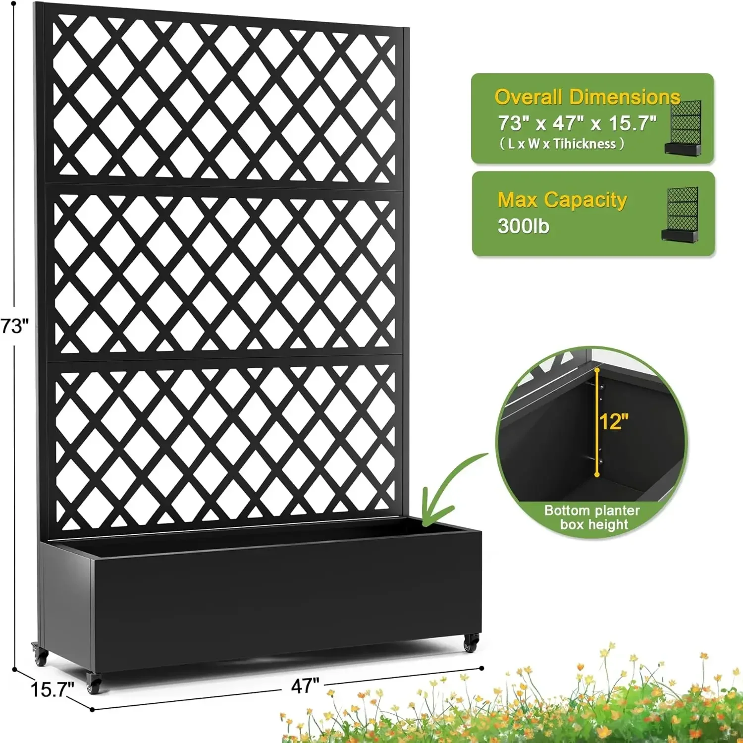 Metal Planter Box with Diamond Lattice Trellis Planter Box for Climbing Plants/Vines, Garden Bed with Trellis(73"x47" Black) 3