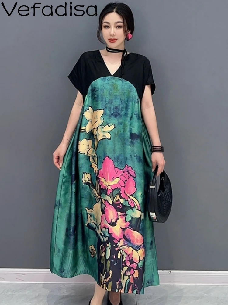 Vefadisa2023SummerNewVneckWomenFlowerDressCasualLoosePersonalizedSplicedGreenAnd