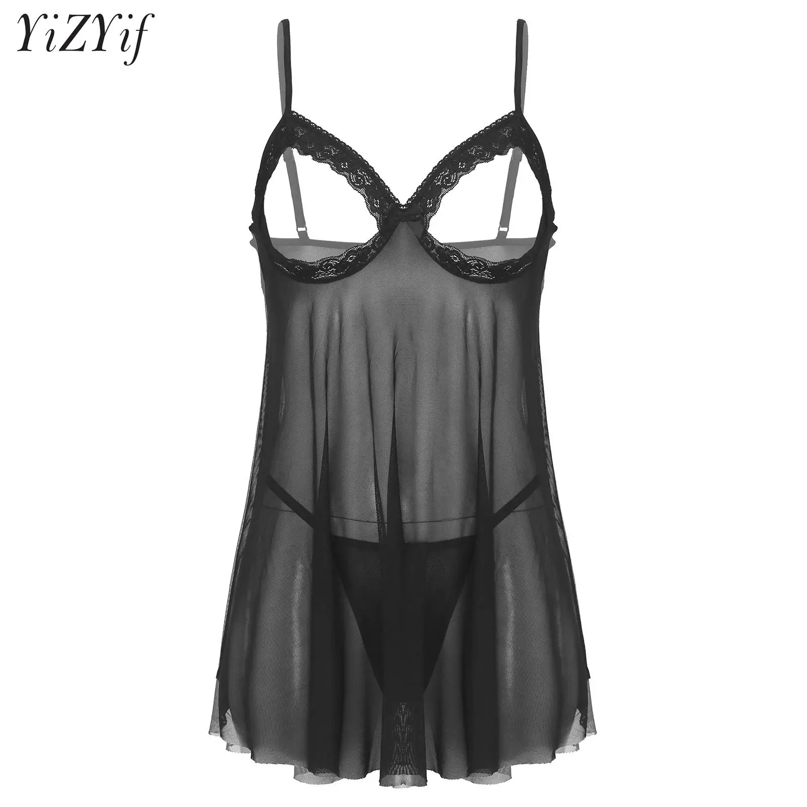 

Women Lace Hollow Out Breast Chemise Nightdress with G-string Babydoll Pajamas Outfit Sheer Mesh Spaghetti Straps Strappy Dress