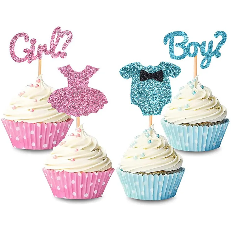 12pcs Boy or Girl Cupcake Toppers Food Dessert Cake Picks for Gender Reveal Party Decoration Supplies Pink Blue Baby Shower Gift