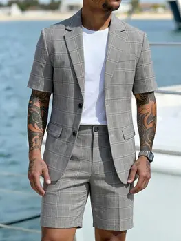 Completi a quadri alla moda per uomo, camicia a maniche corte, giacca e pantaloncini, set due pezzi, primavera estate, abiti casual da lavoro, abbigliamento uomo