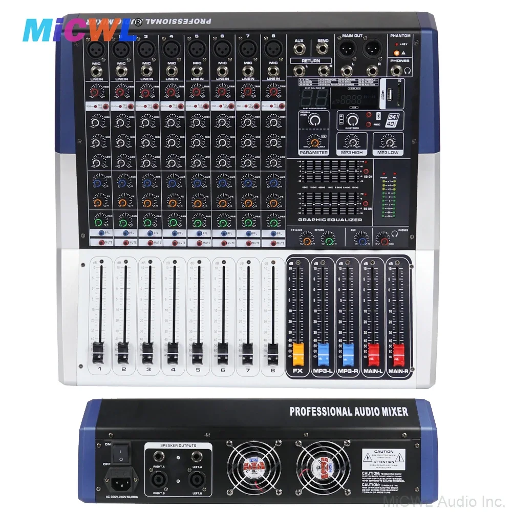 최고급 1000W 파워 믹서 앰프 8채널 사운드 믹싱 콘솔 48V 블루투스 무선 마이크 입력 MiCWL PH08-1000W