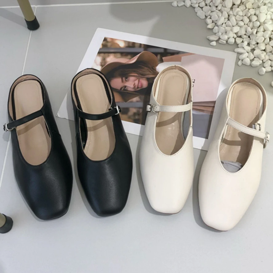 

Jenny&Dave French Mary Jane Muller Flat Sandals Women Simple Commuter Casual Half Slippers Office Lady Female Retro Square Toe