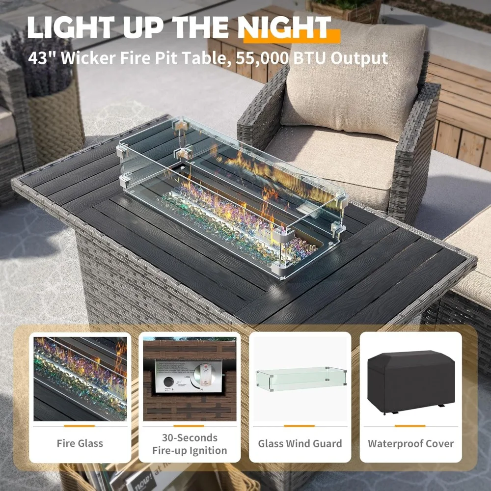 Patio Furniture Set with 44" Fire Pit Table, All-Weather Wicker Rattan Sofa Ottoman, 6 Pieces Outdoor Garden Sofa Sets 4