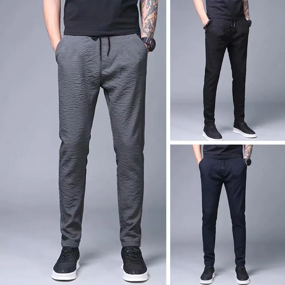 

Summer Pants Mid-rise Sport Pants Elastic Waistband Men Pants Pockets Pleated Ice Silk Thin Straight Leg Pants Streetwear