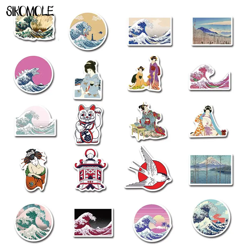 10/30/50pcs Japanese Ukiyo-e Art Sea Wave Stickers Aesthetic Decals Toys  Graffiti Stickers Waterproof Skateboard Laptop Bicycle