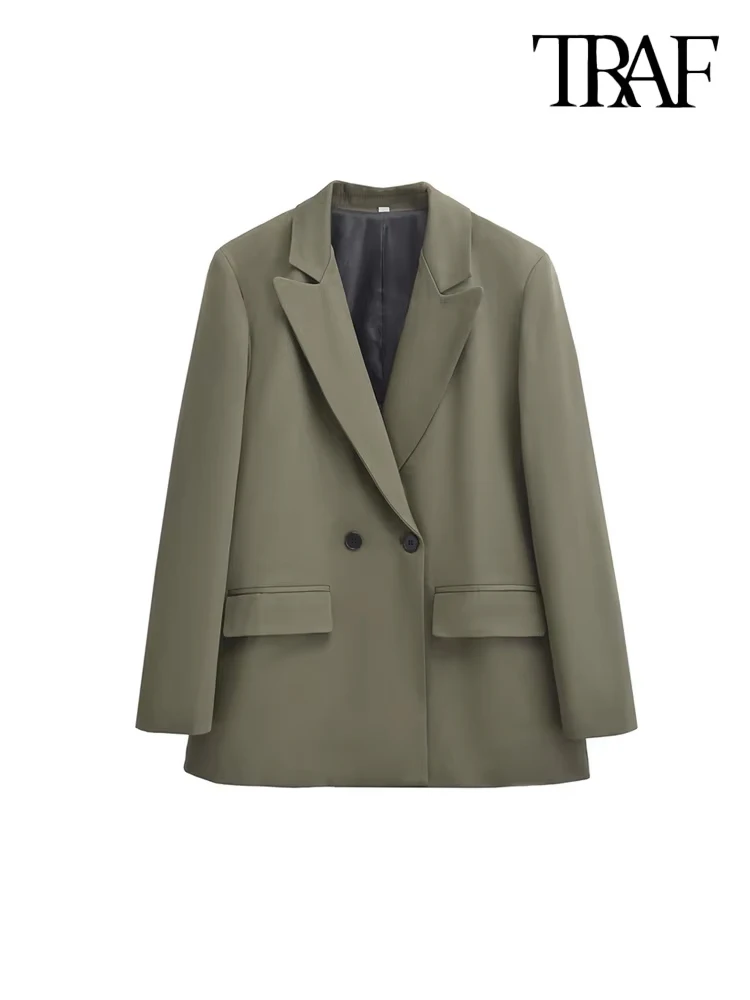 TRAF-Women's Double Breasted Office Wear Blazer Coat, Long Sleeve, Flap Pockets, Female Outerwear, Chic Tops, Fashion 5