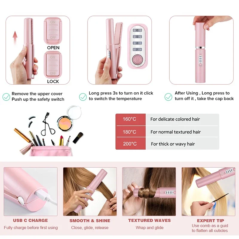 2-IN-1 Cordless Electric Heating Hair Straightener Rechargeable Travel Double Use Straight Hair Straightener And Curling Iron