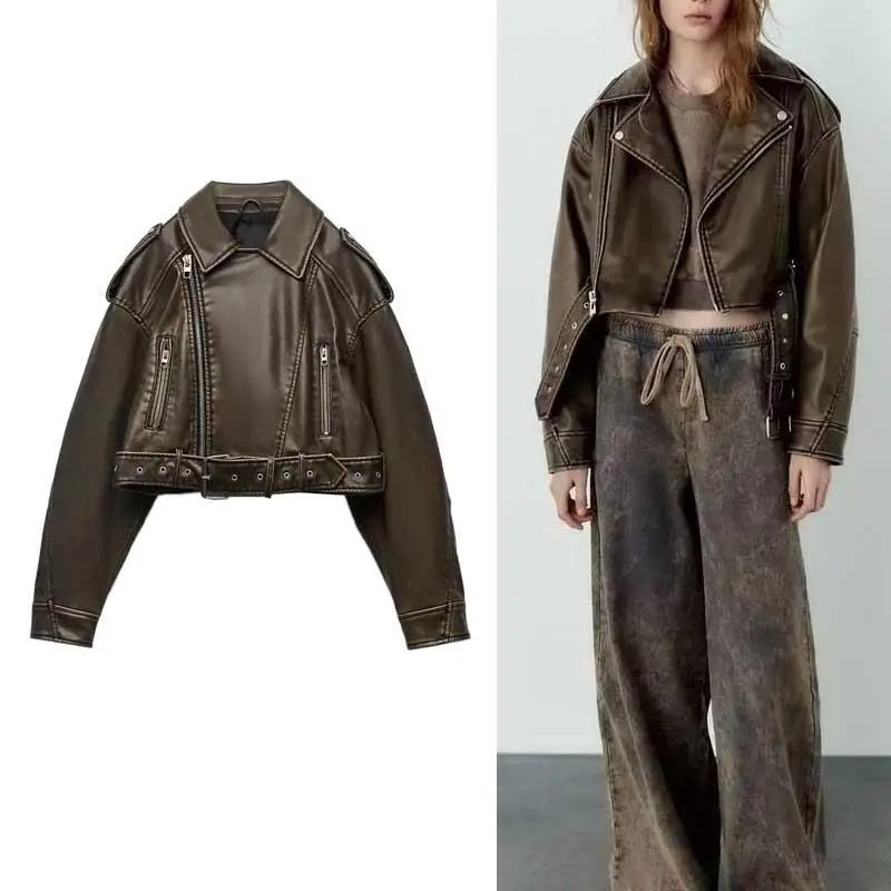 

VOLALO New Spring Woman Faux Leather Jacket Chic Vintage Short Lapel Zipper Belt Biker Coats Fashion Streetwear Mujer Tops