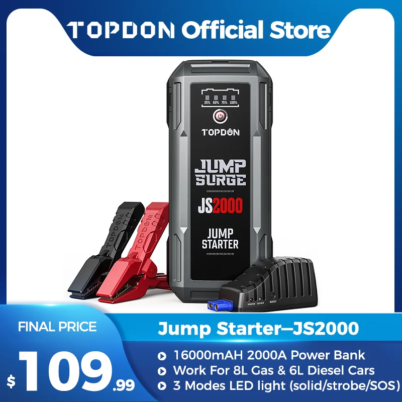 TOPDON JS2000/JS1200 12V Car Jump Starter 2000A/1200A Battery Booster Draagbare Power Bank Launcher Auto Starting DeviceTOPDON 20800mAh Car Jump Starter V2000 12V 2000A Peak Portable Emergency Starter Wireless Charge Power Bank Car Booster Starter Device Accumulator BatteryUTRAI 2000A Jump Starter Power Bank 22000mAh Portable Charger Starting Device For 8.0L/6.0L Emergency Car Battery Jump Starter noco boost plus gb40