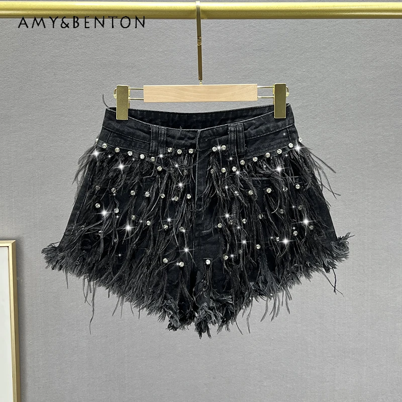 

Exquisite Rhinestone Black Denim Shorts Women's Trendy 2024 New Summer High Waist Slimming Tassel Wide-Leg Trousers Hot Pants