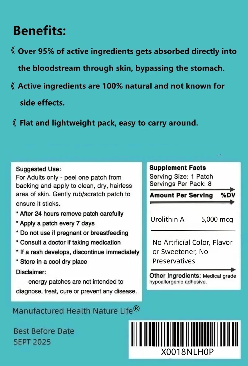 Purity 99% Urolithin A 5,000 mcg High Strength Healthy Aging Formula Transdermal Patches Patches Made in USA 8 Weeks Sup