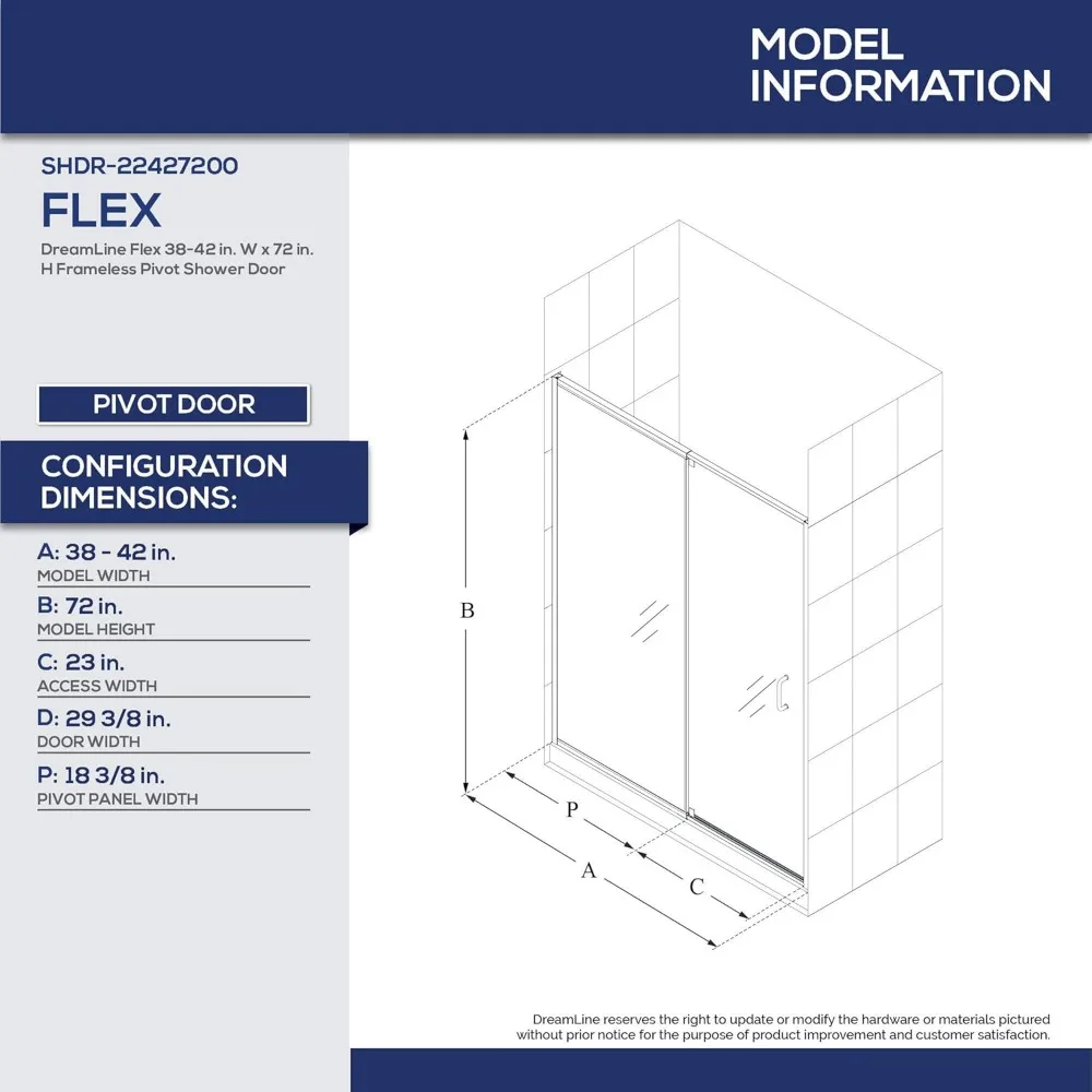 38-42 in. W x 72 in. H Semi-Frameless Pivot Shower Door in Brushed Nickel 3