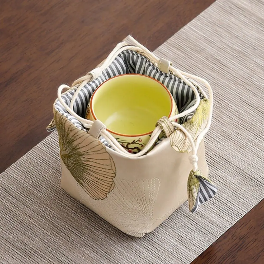 Chinese Style Teacup Drawstring Cloth Pouch Breakage-proof Portable Small Item Pouch Multifunctional Print Embroidered Handbag 5
