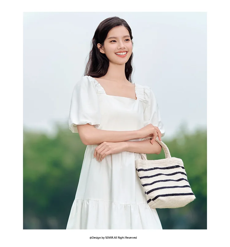Dress Women Gentle And Feminine Style With Ruffled Trim And Square Neckline Summer New Bubble Sleeves Doll Dress