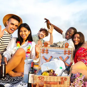 Wicker Picnic Basket Set for 4 Person with Cooler Compartment and Waterproof Picnic Blanket,Removable Strap,Wine Bag,Cutlery Set 3