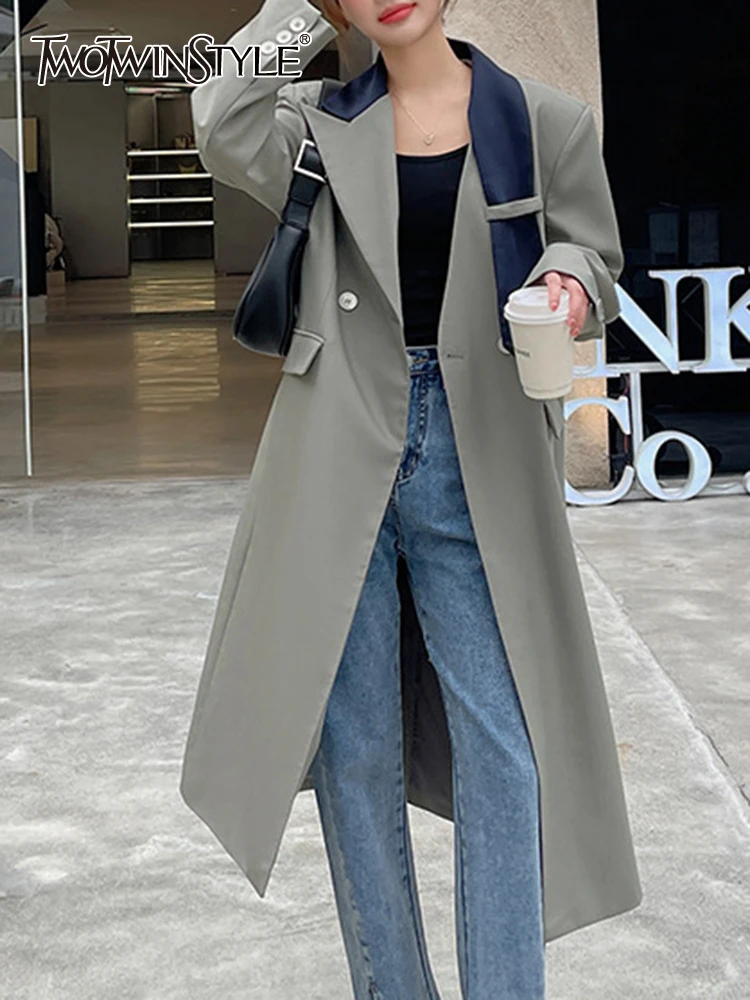 

TWOTWINSTYLE Colorblock Elegant Trenches For Women Lapel Long Sleeve Patchwork Double Breasted Vintage Trench Female Clothes New