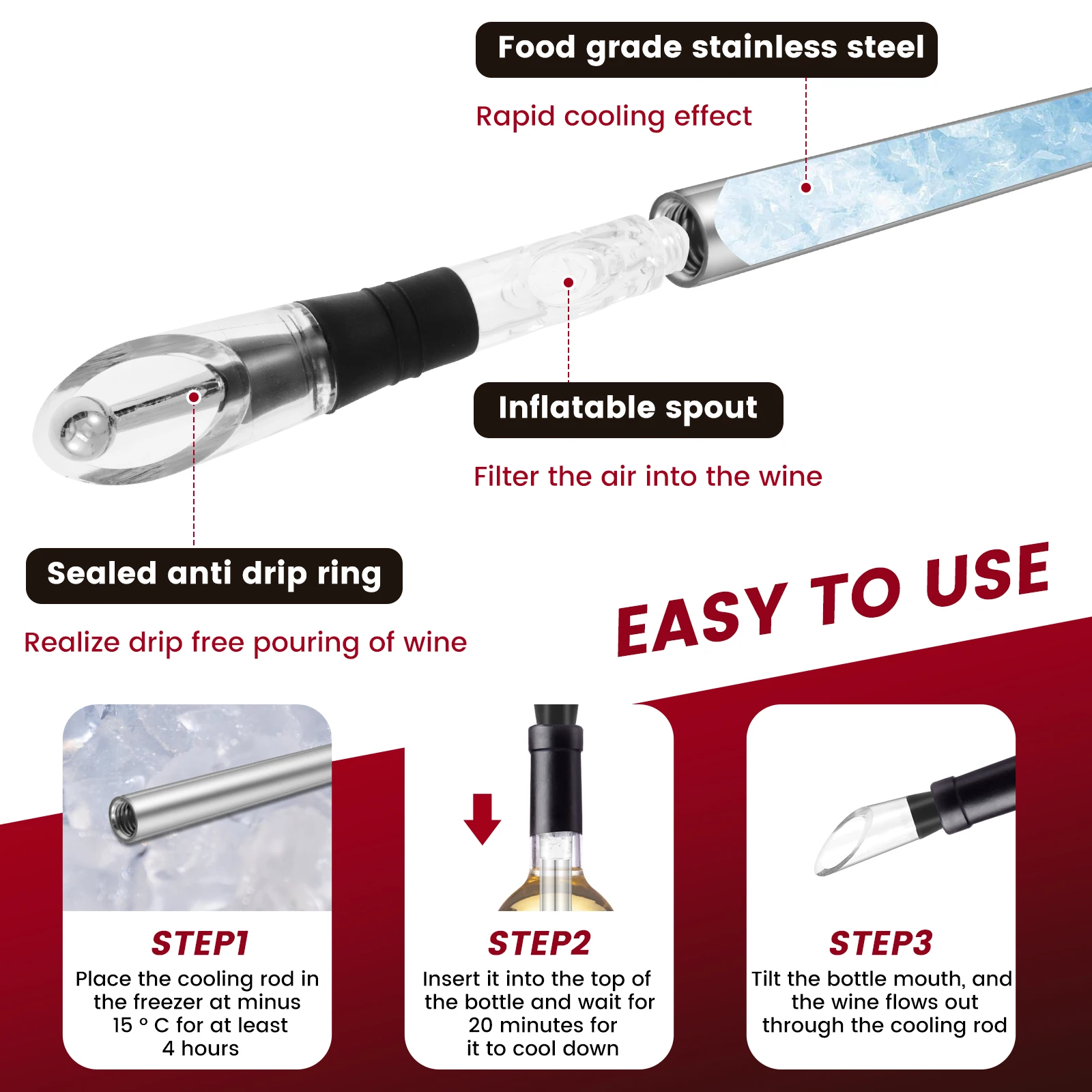 Wine Cooling Rod Stainless Frozen Stick Beer Chiller Stick Ice Wine Cooler 4 in 1 Cooling w/ Pourer Stopper Cutter