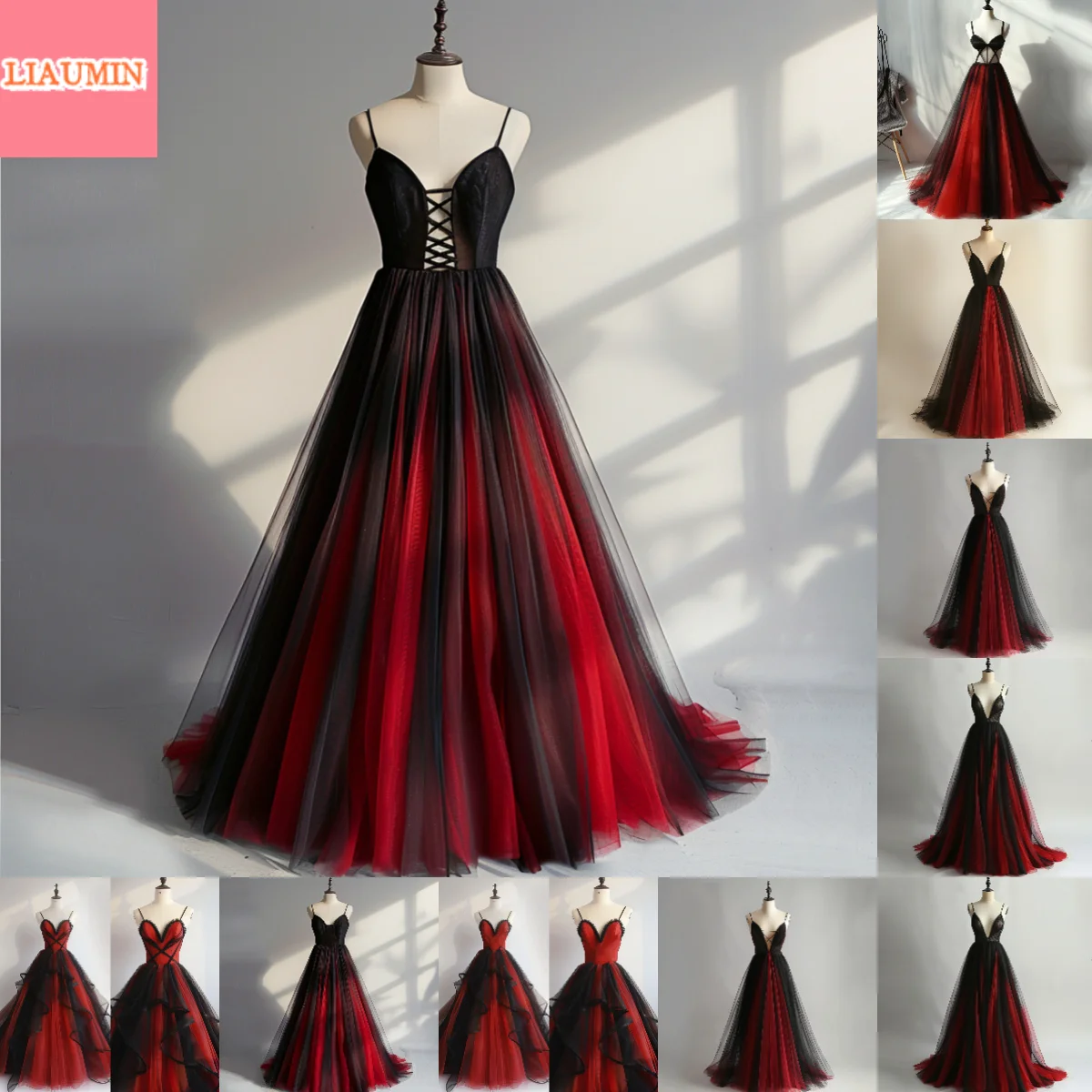 

New Red and Black Tulle Spaghetti Straps Lace Up Back Full Length Evening Formal Party Prom Dress Hand Made Custom Size W8-2