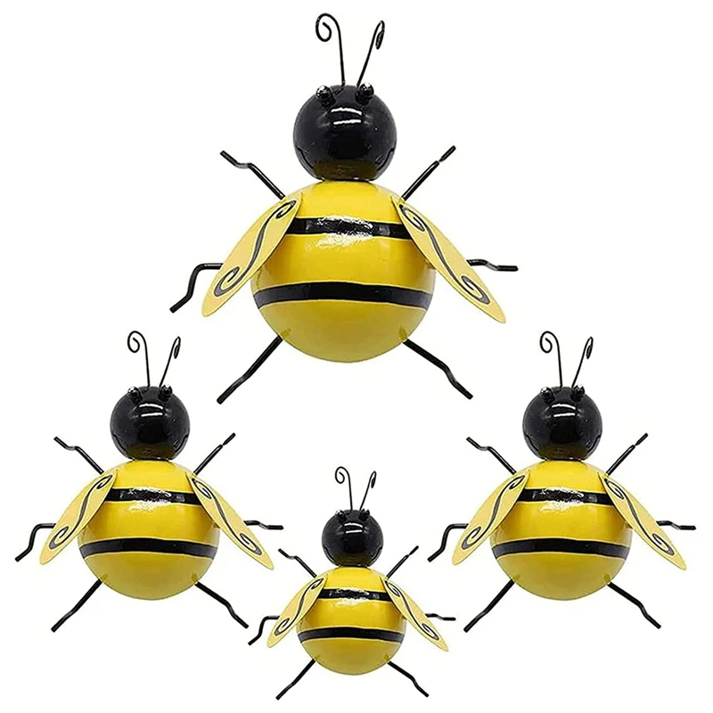 

Metal Bee Wall Decor Outdoor Garden Fence Decor 3D Bumble Bee Wall Art Decoration Bee Wall Art Sculpture Hanging, 4 Pcs