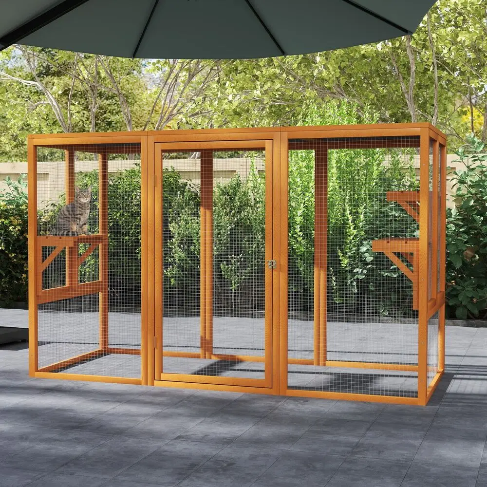 Cat Catio Outdoor Cat House Wood with Platforms Lockable Enter Door Orange