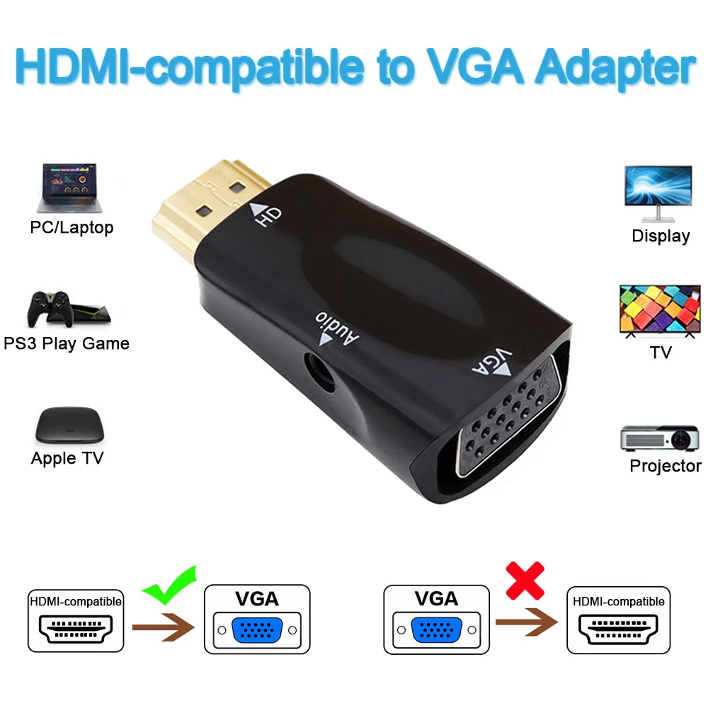 Adaptateur HDMI Vers VGA JZMATECH 1080P - Avec Câble Audio Et Micro USB - Pour PC, Projecteur, PS4