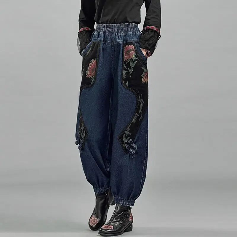 2023 New Spring and Autumn Fashion Retro Ethnic Style Printing Elastic Waist Loose Relaxed Slim Oversize Lantern Pants for Women