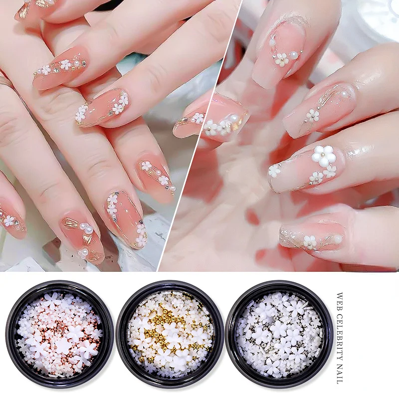 3DFlowerBeadsNailArtDecalsCharmsforNailsWhitePinkAcrylic