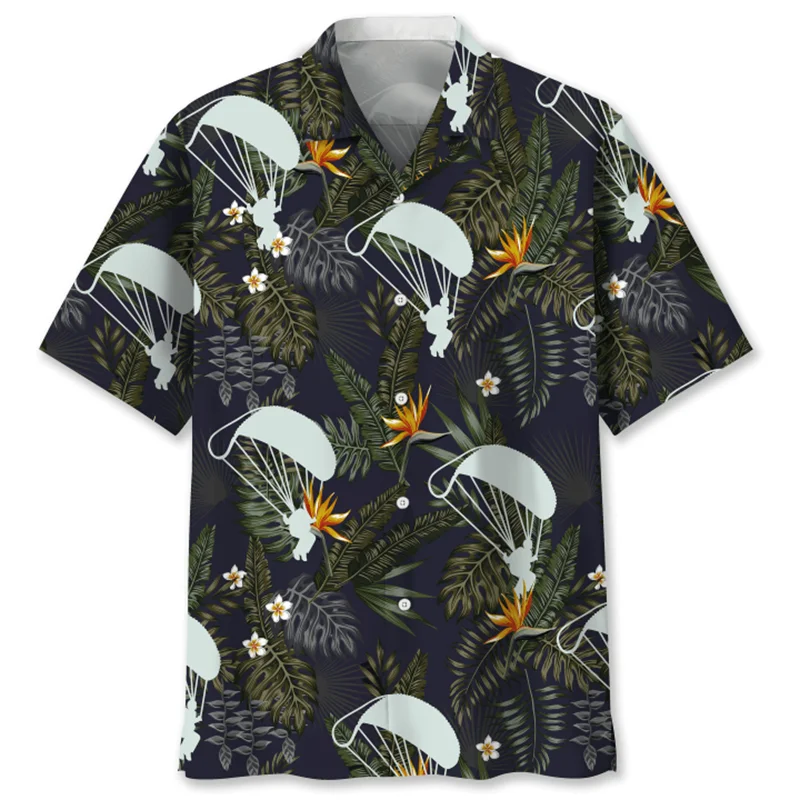 thumbnail image 1 of Camisa hawaiana con estampado de paracaidismo para hombre, camisas de flores tropicales con estampado 3D a la moda, blusa de manga corta con solapa y botones para verano, 1 of 5