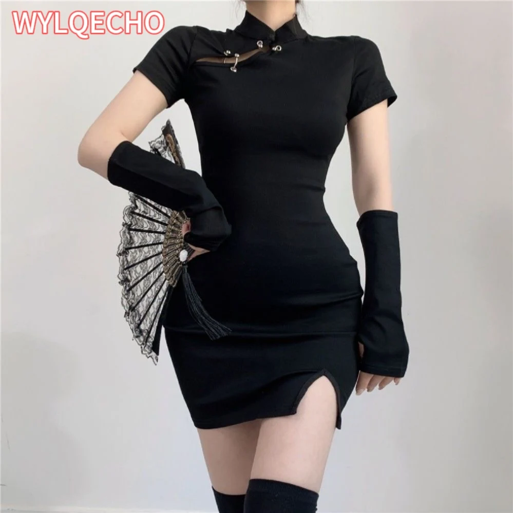 

Women Fashion Dark Black Retro Qipao Short Chinese Cheongsam Sexy Lady Nightclub Bodycon Party Evening Dress Vintage Vestidos