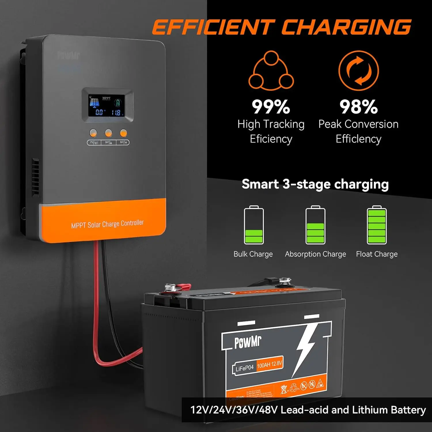 100A 80A MPPT Solar Charge Controller 12V/24V/36V/48V Max Solar Panel PV 160Vdc
