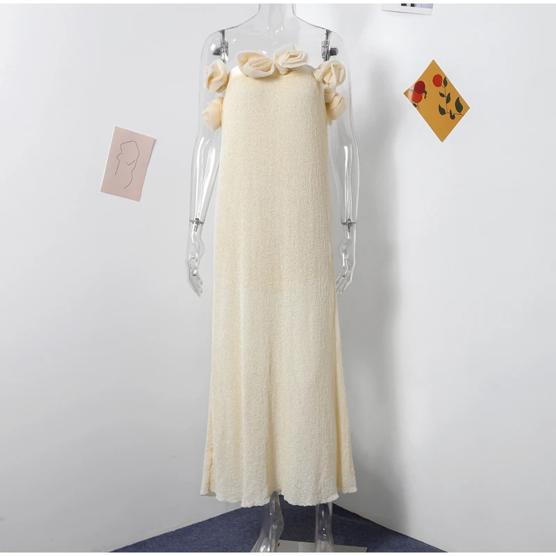 Elegant 3D Flower Tube Dresses Women Vintage Knitted Solid Sleeveless Long Dress Female Summer Autumn Chic Street Party Evening
