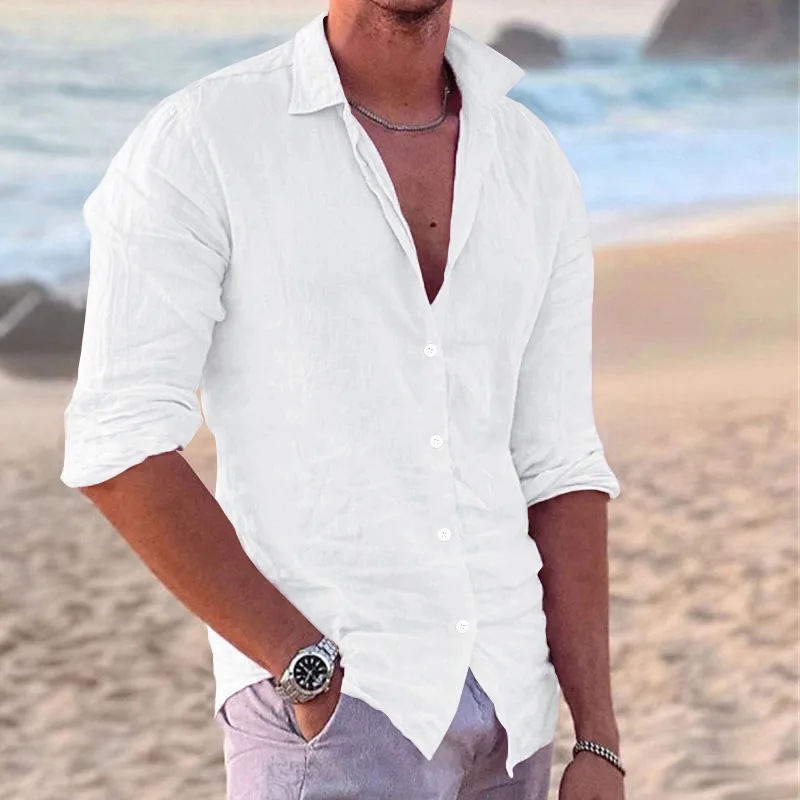 

New Men's Hot Selling Solid Color Casual Beach Style Long Sleeve Shirt