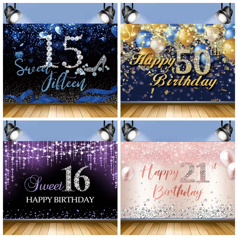 

Personality Age Number Happy Birthday Family Party Background Photography Gold Sequin Balloon Diamond Flower Poster Backdrop
