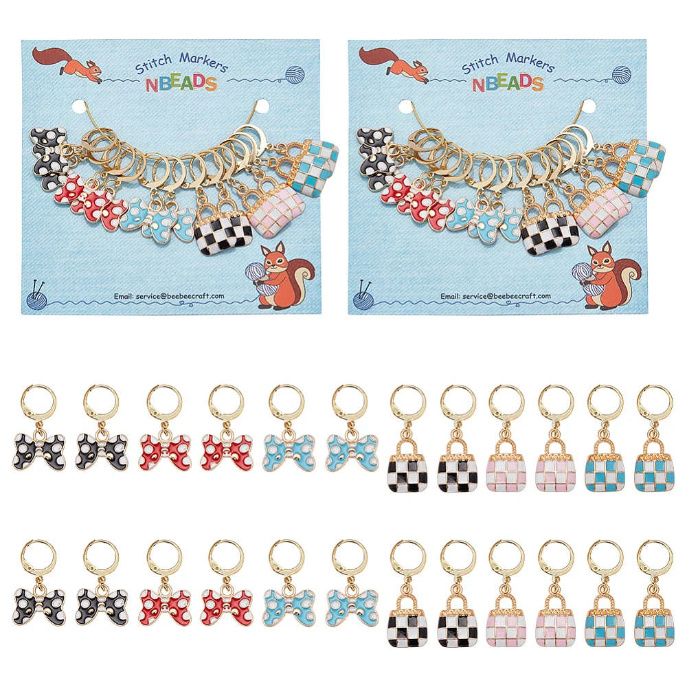 

24PCS Alloy Enamel Handbag & Bowknot Pendant Locking Stitch Markers 304 Stainless Steel Clasps Stitch Marker Mixed Color 3~3.6cm