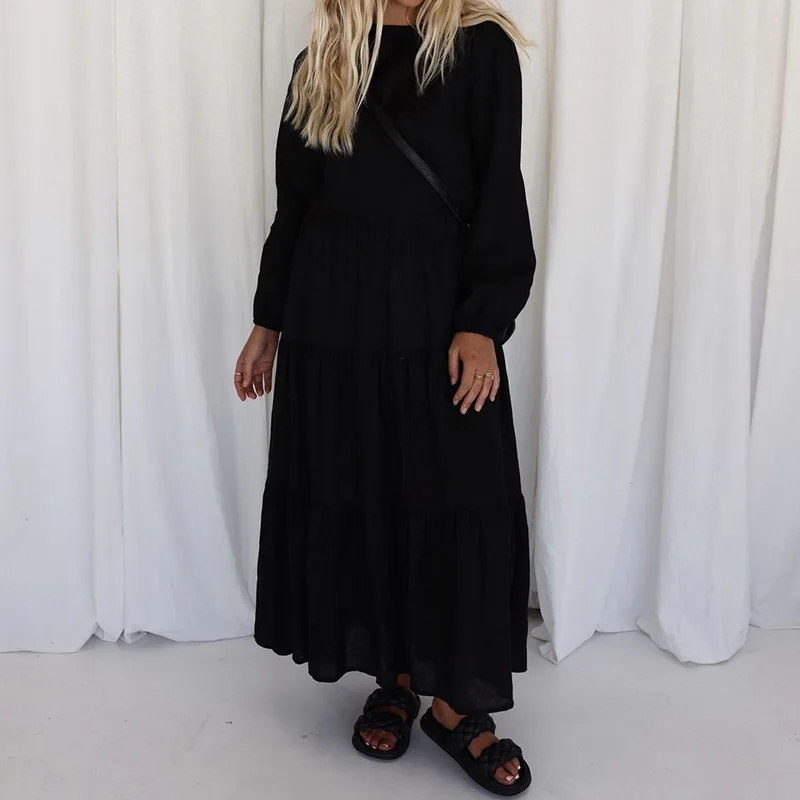 

Женское модное однотонное свободное платье с прострочкой, новинка сезона осень-весна 2023, женское Повседневное платье-пуловер с длинным рукавом и круглым вырезом