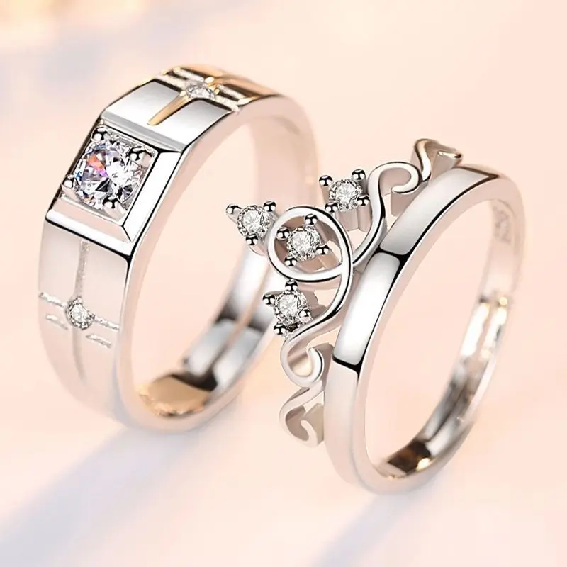 Luxury Zircon Couple Paired Rings for Women Men Shiny Crown Flower ...