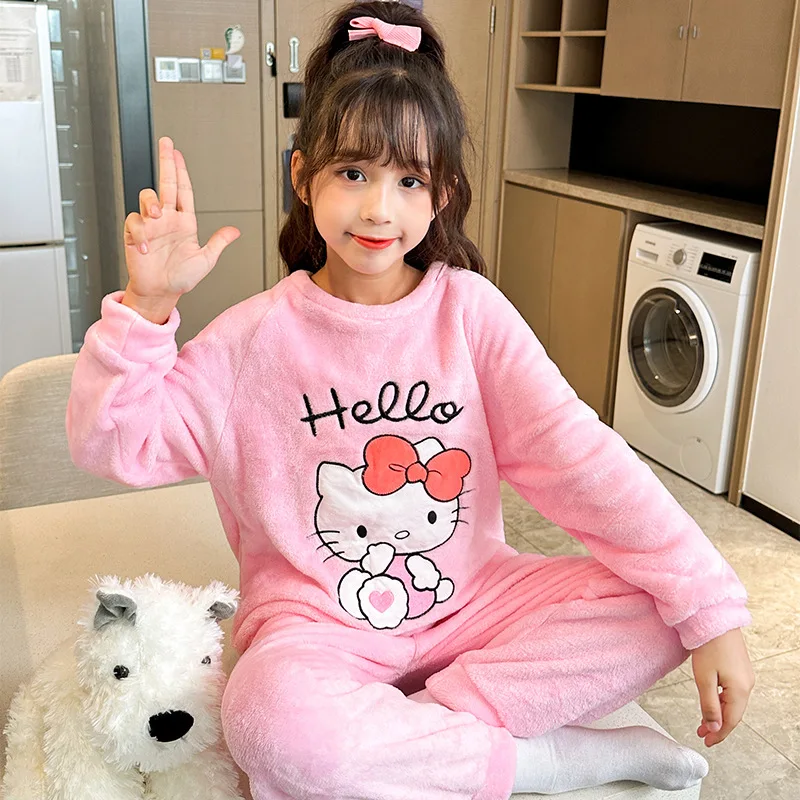 

Sanrio Anime Kawaii Hello Kitty Kuromi Cinnamoroll My Melody Kids Pajamas Autumn Winter Coral Fleece Homewear Sets for Children