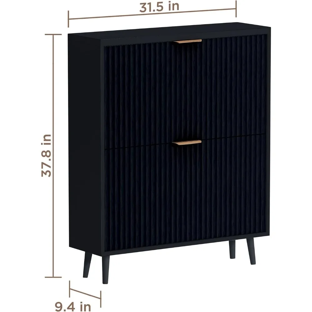 Modern Shoe Cabinet with 2 Flip Drawers, Freestanding Entryway Organizer, Black Narrow Shoe Rack Storage