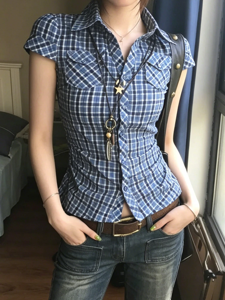 Genayooa Y2k Vintage-Shirt für Damen, kurzärmelig, blau kariert, Bluse und Hemd, Streetwear, japanisches 2000er-Jahre-Shirt, Tops, amerikanisches Retro-Shirt – Detail 3