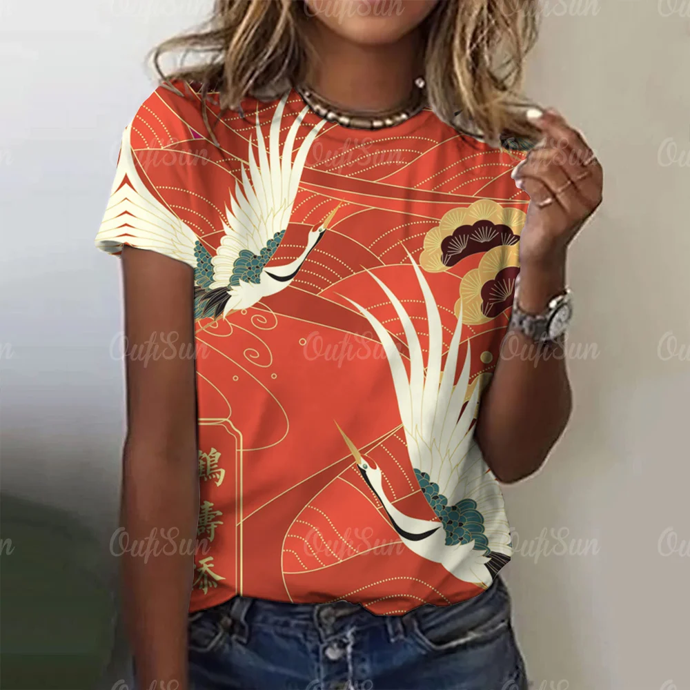 

2024 Summer New Chinese Style Women's T-shirt Red Animal Crane Print Short Sleeve T-shirt Summer Round Neck Streetwear Loose