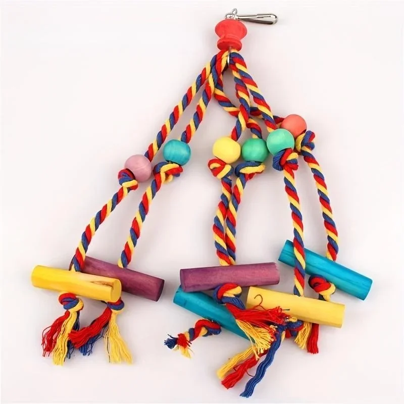 Bird Parrot Toys Colorful Cotton Rope Beads Wooden Blocks Bird Chewing Toy Parrot Cage Bite Toys