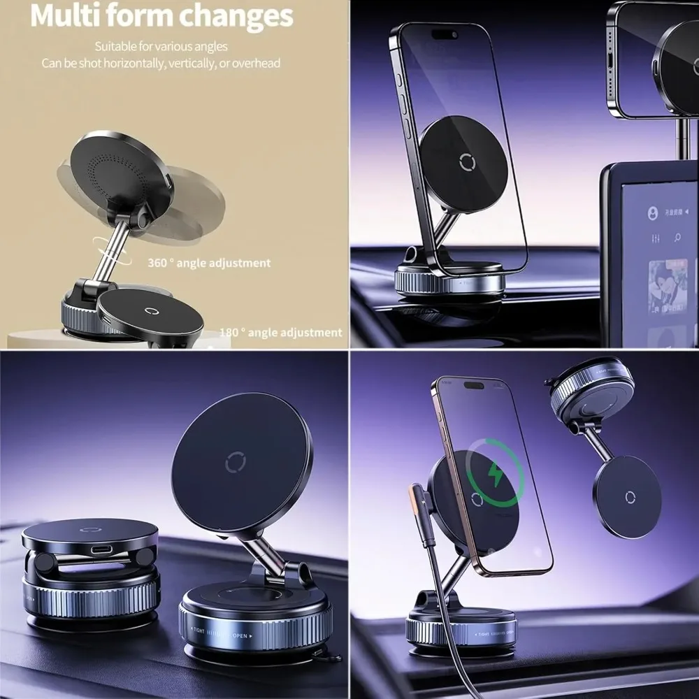Magnetic Wireless Charger Holder Vacuum Phone Stand for Magsafe iPhone 16-12 Pro Max 360° Adjustable Suction Cup Car Dashboard