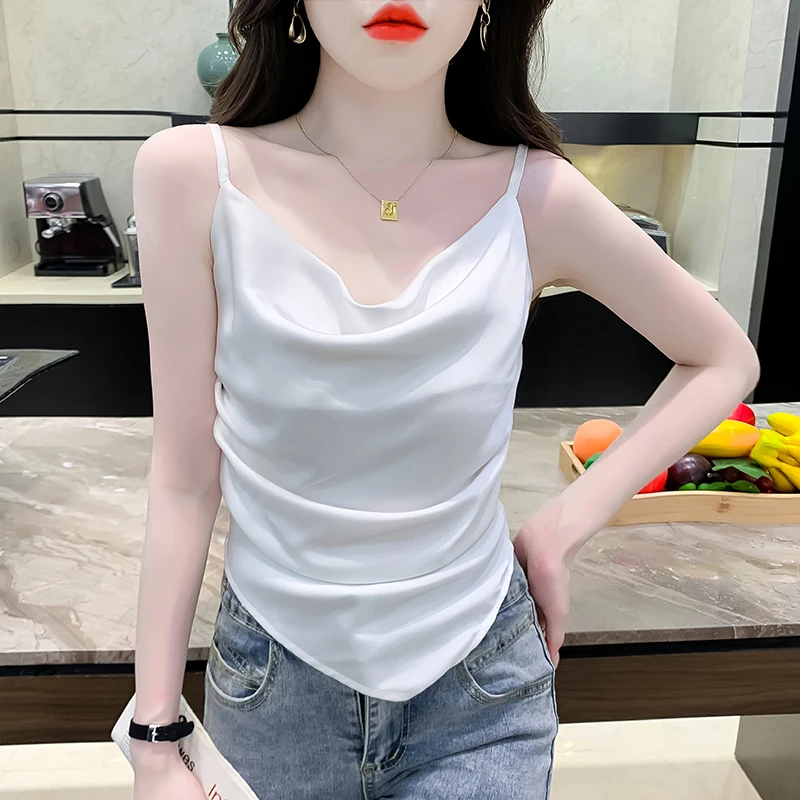 Summer New Blouse Tank Top Asymmetrical Loose Sleeveless Womens Tops Fashion Satin Woman Clothing OL Korean Fashion Corset Top