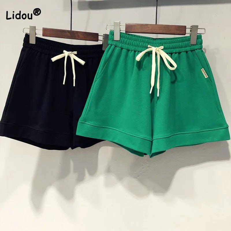Female Loose Simplicity Solid Color Pockets Shorts Casual Fashion All-match Elastic Waist Lace Up Shorts Summer Women's Clothing