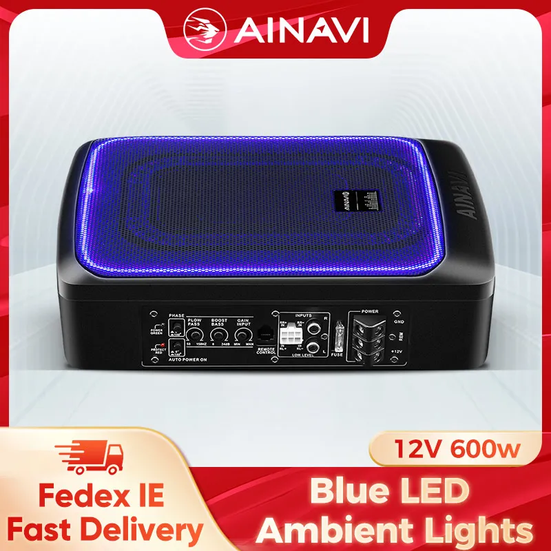 Ainavi Slim pod siedzeniem Subwoofer samochodowy 12V 600W samochodowy sprzęt Audio wbudowany wzmacniacz niebieskie światła LED