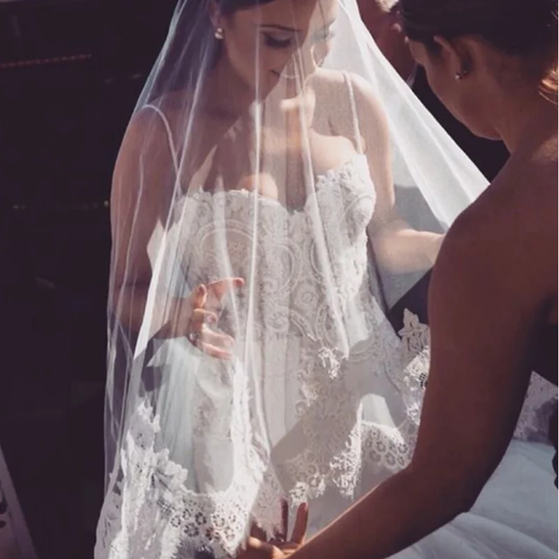 Bridal Veils Two-Layers Mandolin Cathedral Veil 4M Lace Appliques All Lace Edge