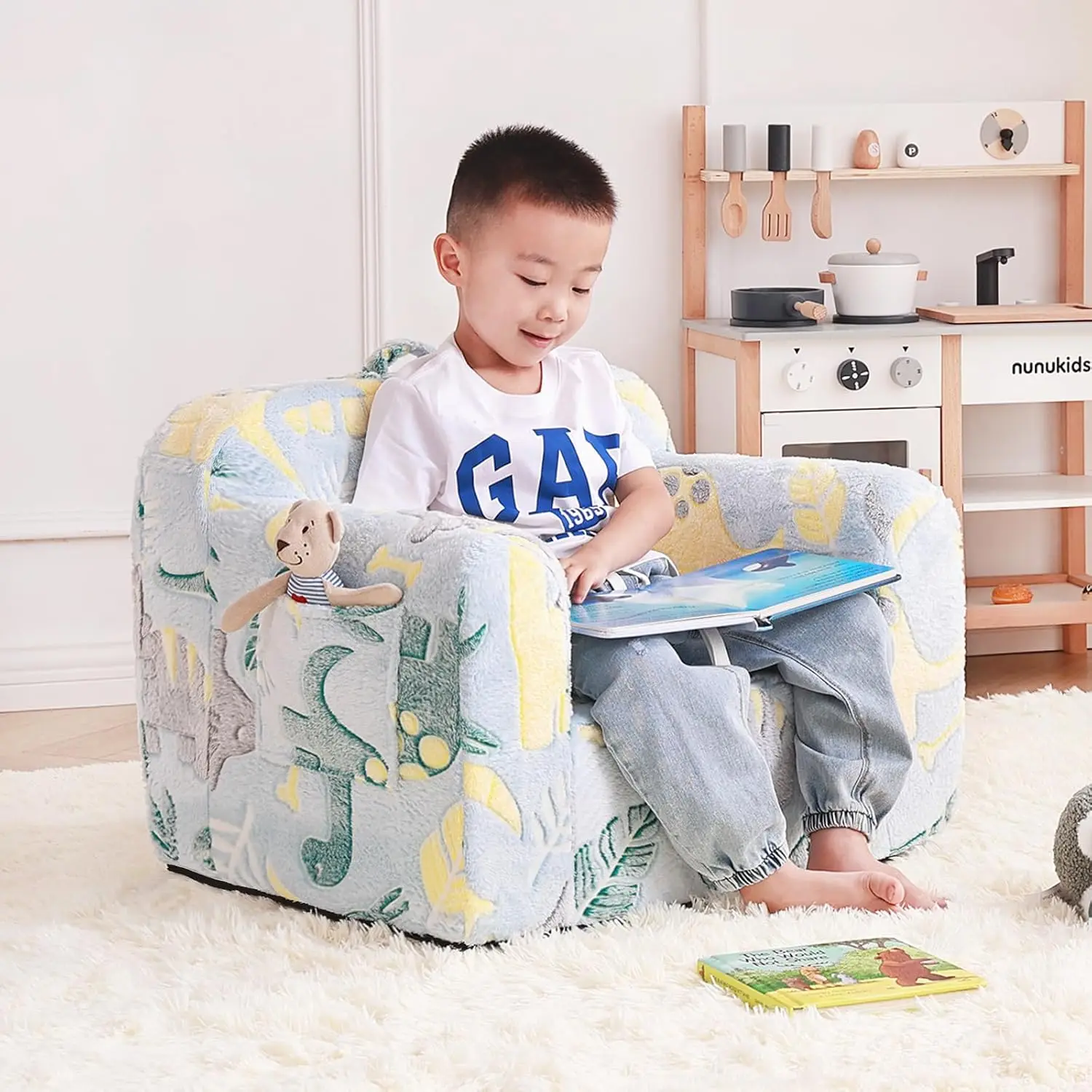 Children's sofa with handles and side pockets, Children's Foam Chair, Light Children's Sofa Chair (Grey Dinosaur) 6