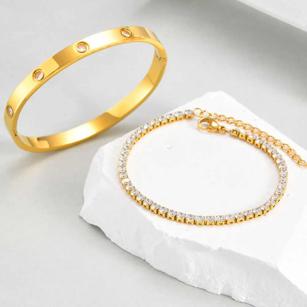 Vnox Love Tennis Chain Bracelets Round Zircon Stone Bangles Set PVD Stainless Steel Women Jewelry Set Gift For Mom Mothers Day bangle bracelet stainless steel bracelet chain bracelet stone bracelet cubic zirconia bracelet pendant bracelet