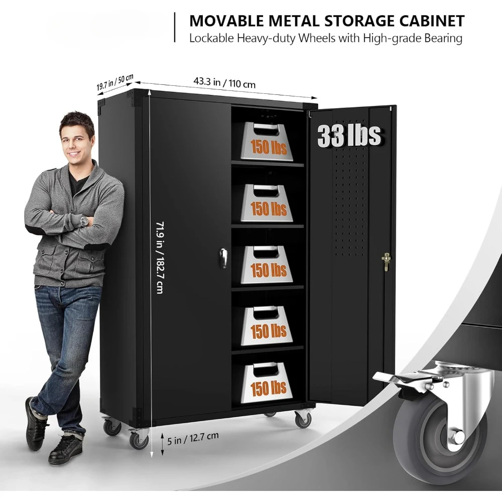 Upgraded Wide & Deep Garage Storage Cabinet, Metal Storage Cabinet with Pegboards, Wheels, Locking Doors and Adjustable Shelves 2